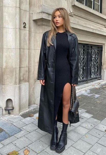 Кожаное пальто и платье с вырезом