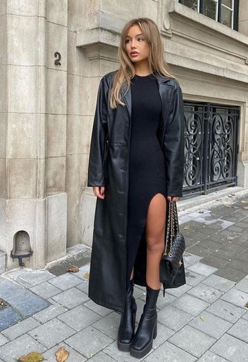 Кожаное пальто и платье с вырезом